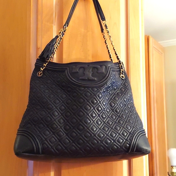 Tory Burch Handbags - Tory Burch Satchel Black Quilted Genuine Leather with Suede detail Chain Handles